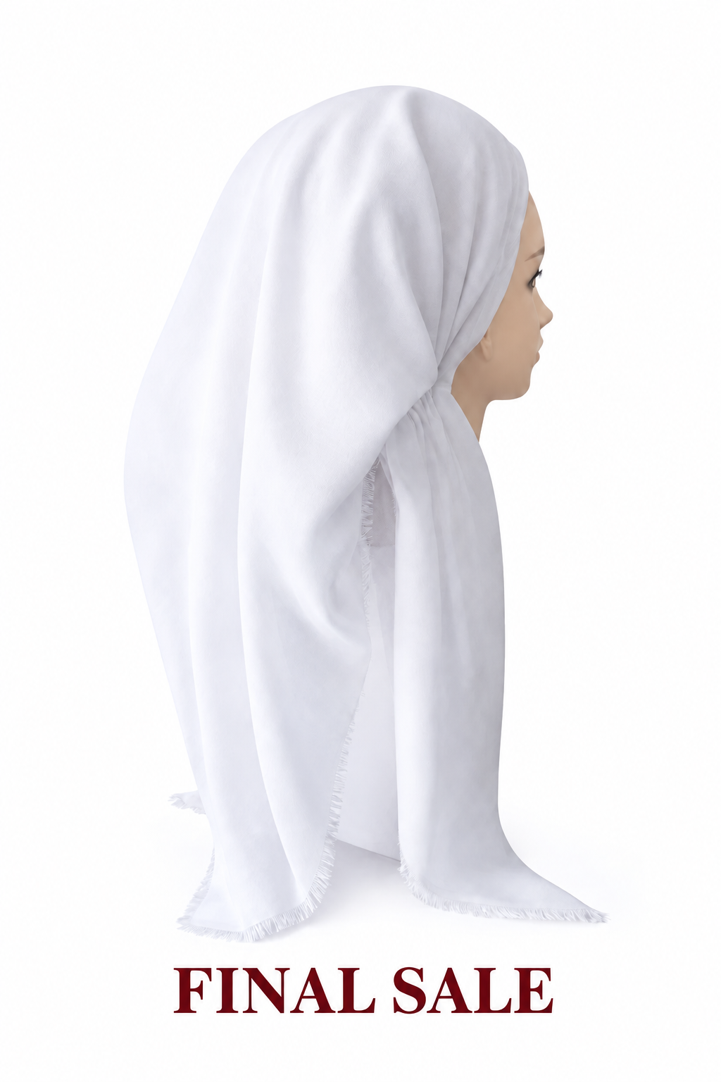 White tichel on a mannequin head against a white background