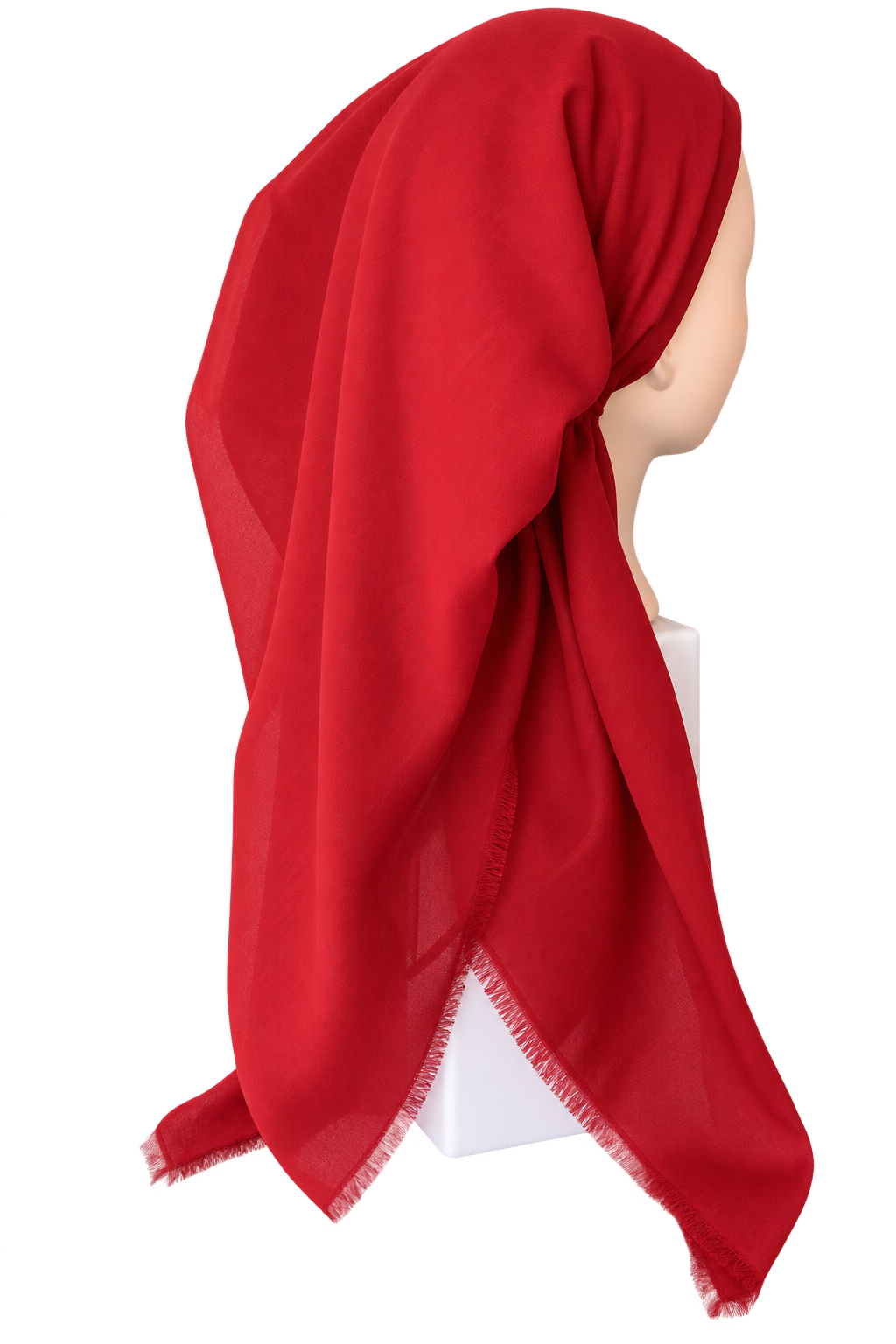 A bright red lightweight headscarf or hijab draped on a mannequin head against a plain white background.