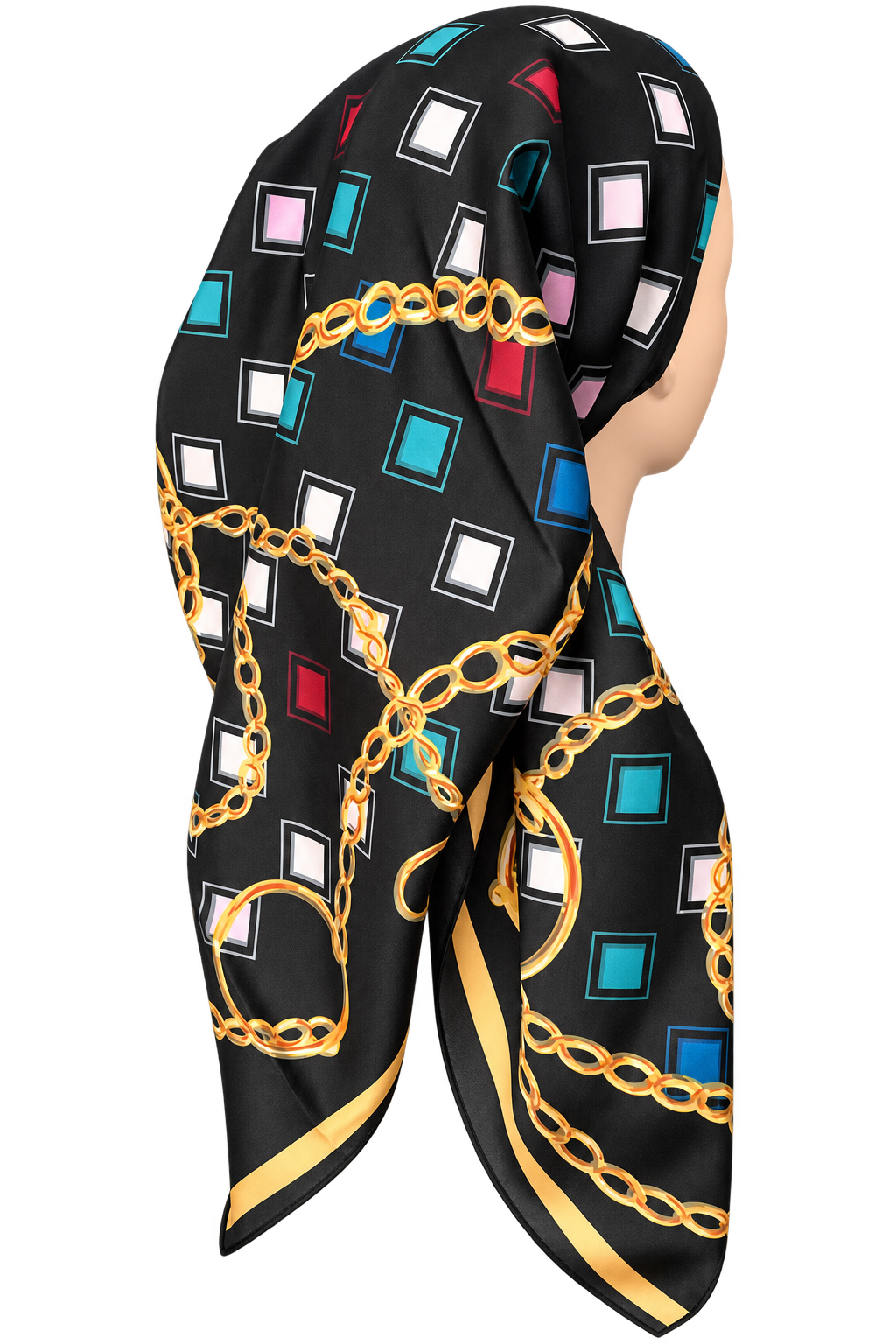 A black square scarf with a geometric print of colorful squares and gold chain motifs, styled on a mannequin head against a plain white background.