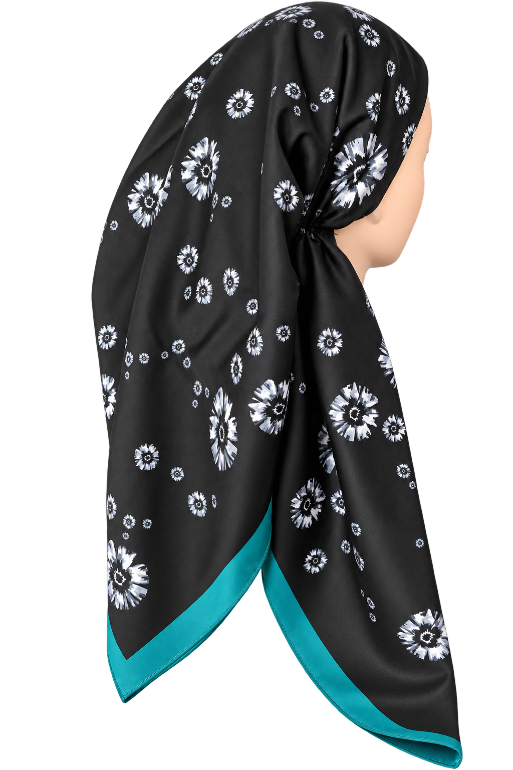 A black silk-like headscarf with a white floral pattern and a bright teal border, styled on a mannequin head against a plain white background.