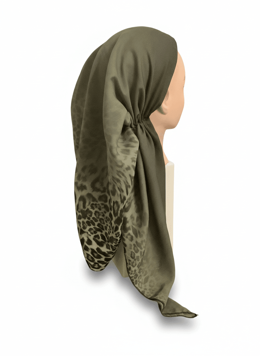 Olive green headscarf with leopard print pattern on a white background