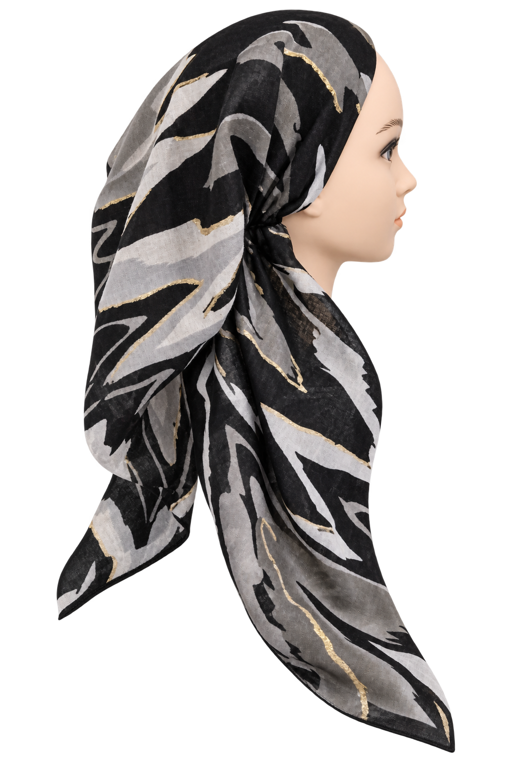 A black, gray, and white abstract patterned headscarf with thin gold lines, styled on a mannequin head in profile against a solid white background.