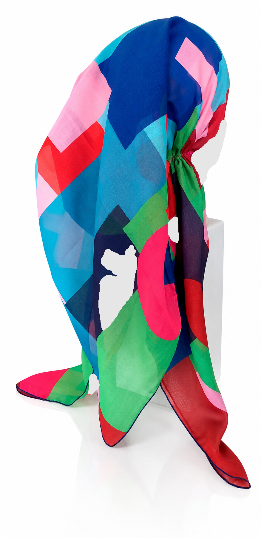 Colorful geometric-patterned scarf on a white background