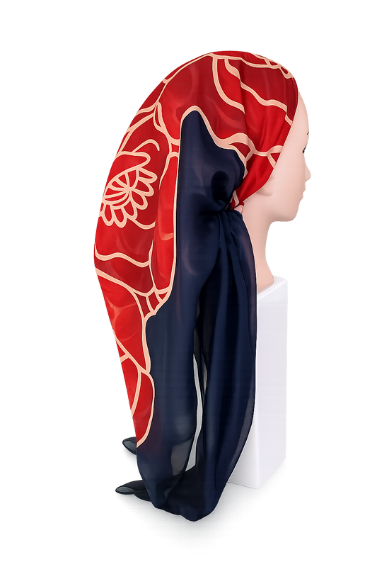 Red and navy tichel with floral patterns on a mannequin head against a white background