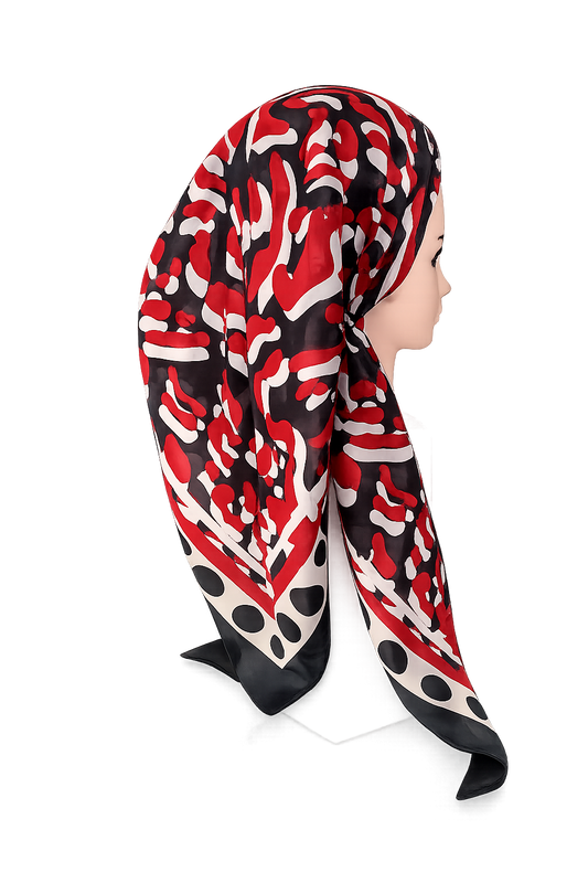 Red, black, and white patterned headscarf on a mannequin head against a white background