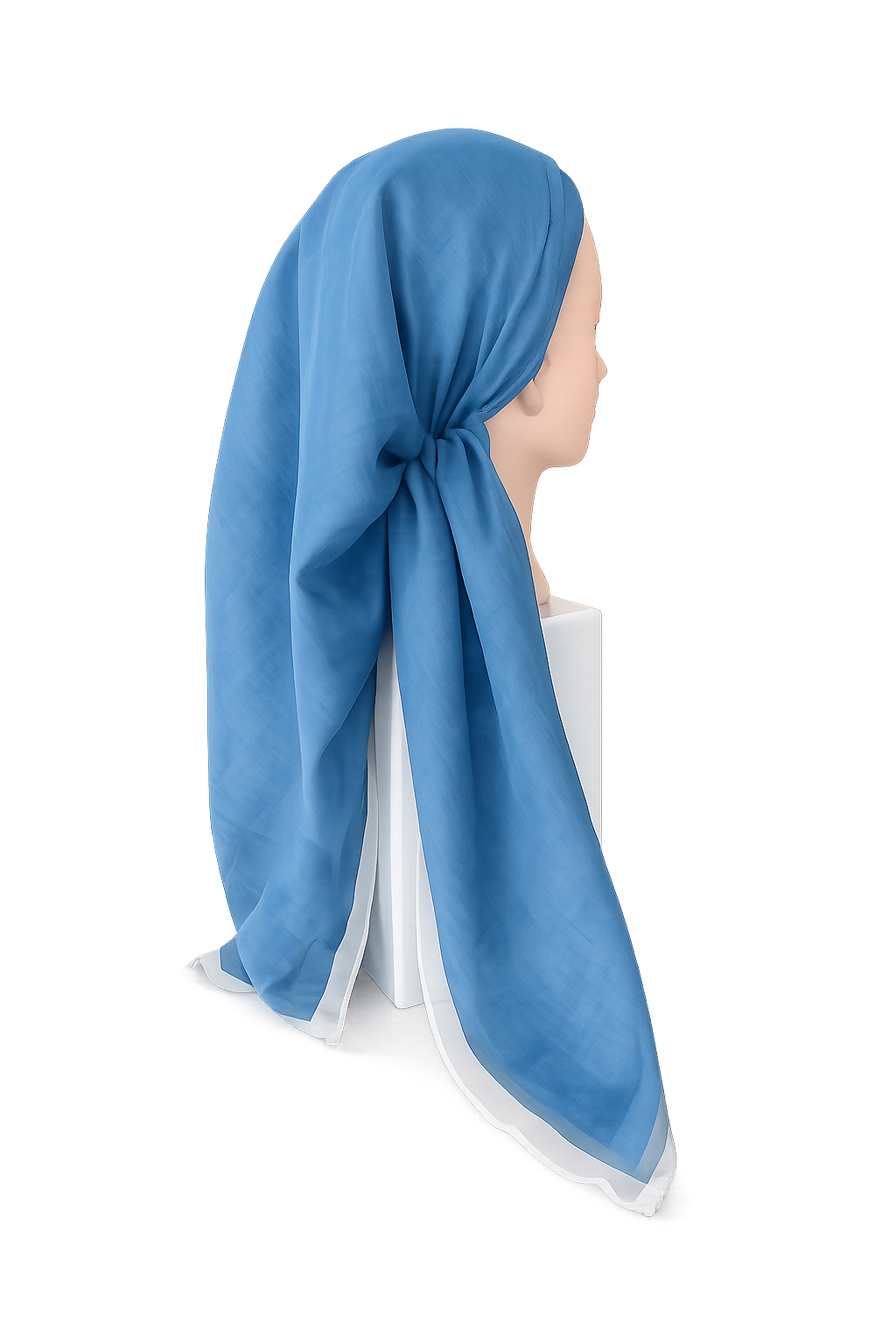 Blue Tichel on a mannequin head against a white background
