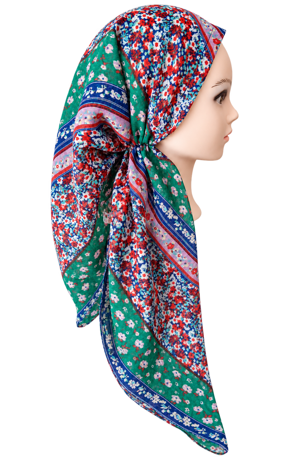 A multicolor floral headscarf tied in a knot on a mannequin head, shown in profile against a solid white background.
