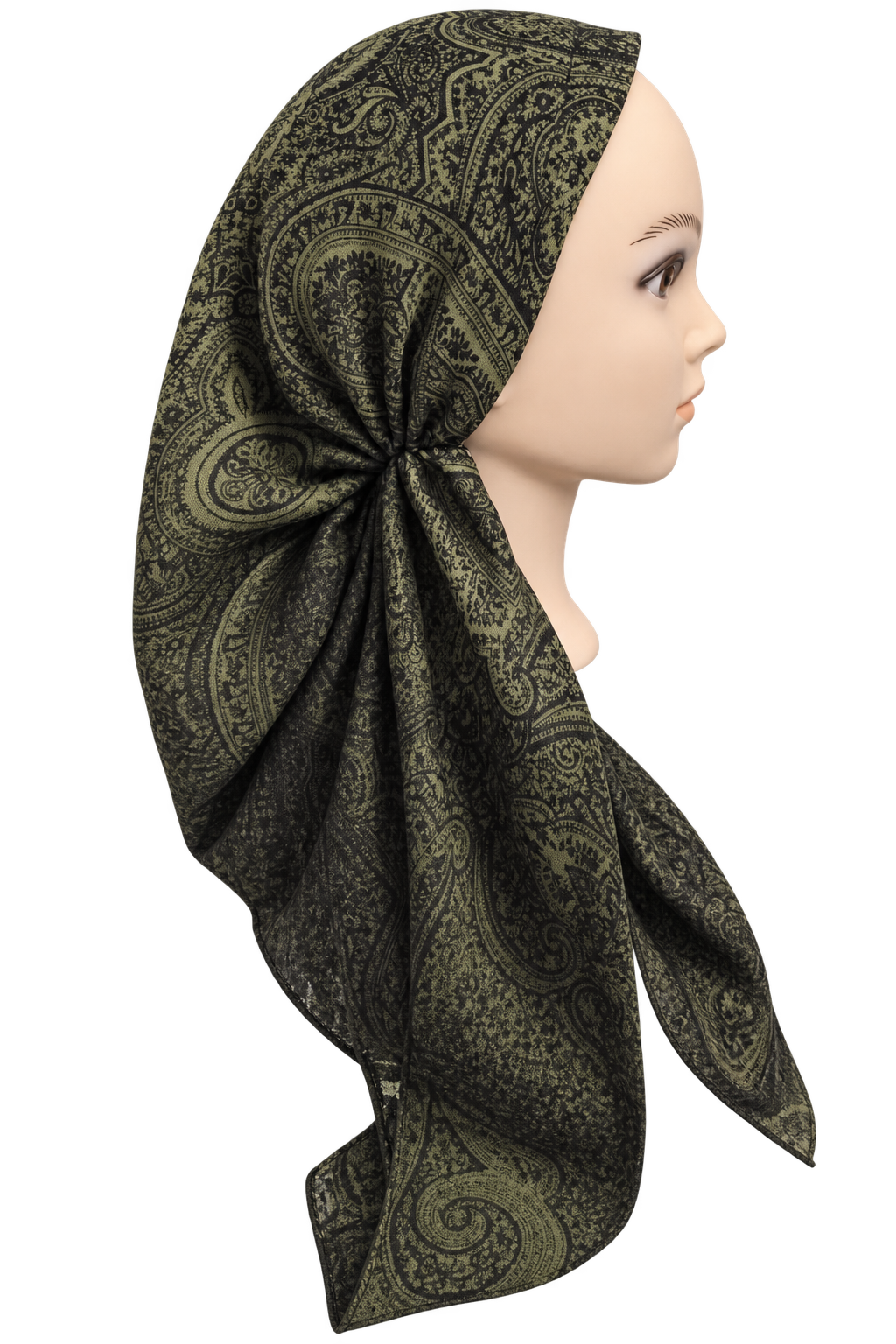 A side-profile view of a mannequin wearing a large headscarf with an intricate paisley pattern in olive green and black, set against a plain white background.