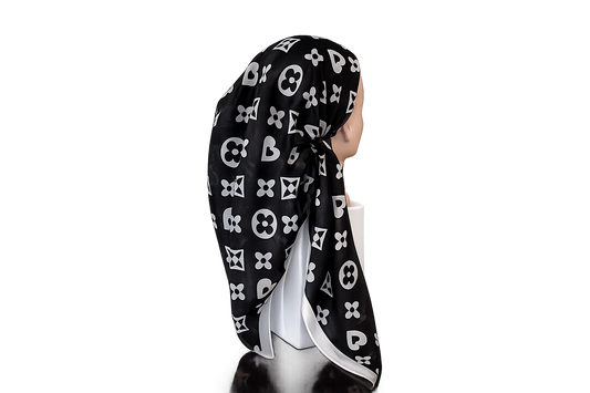 Black headscarf with white patterns on a white background