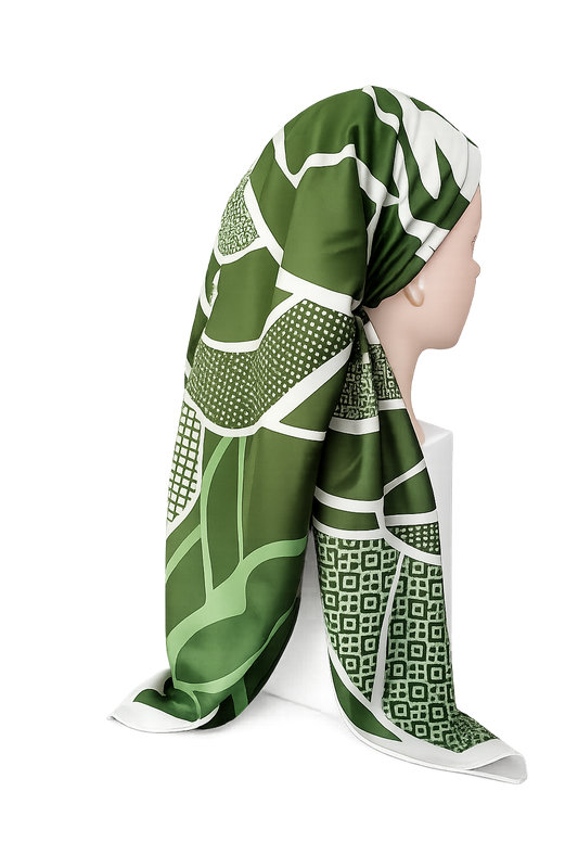 A green and white patterned silk scarf wrapped around a mannequin head, shown from a side profile against a plain white background.