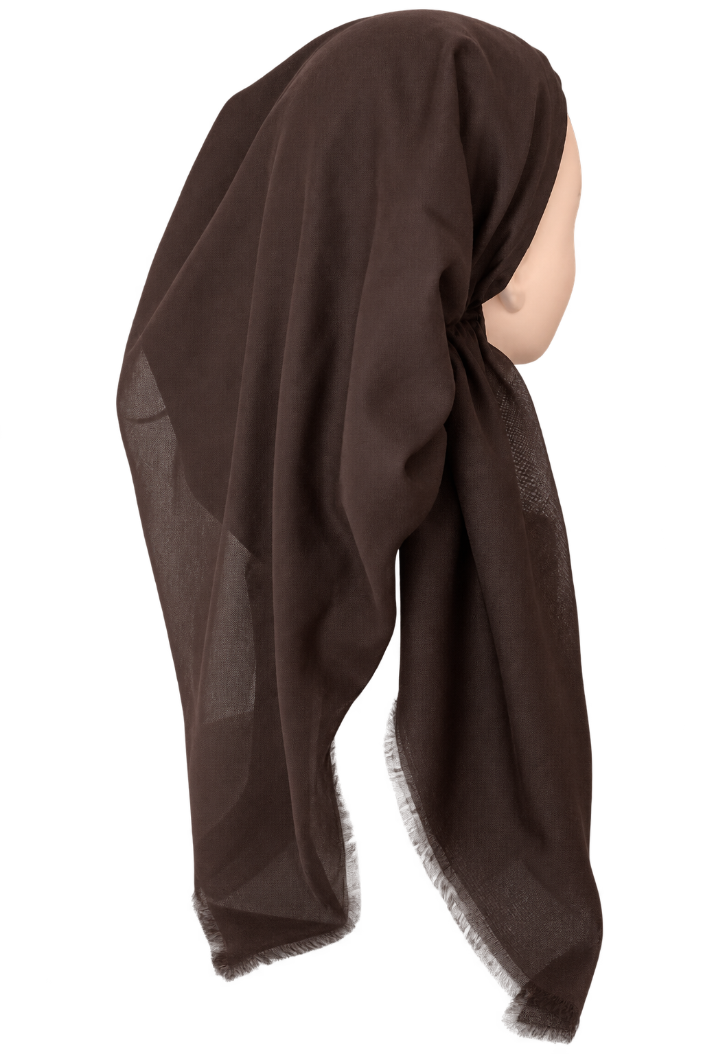 A dark brown sheer scarf or shawl draped over a mannequin head, shown from the side against a plain white background.