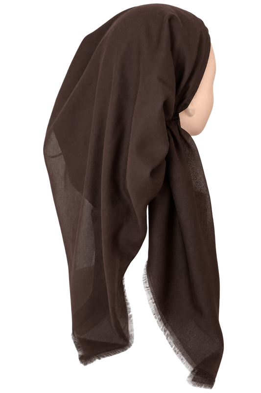 A dark brown sheer scarf or shawl draped over a mannequin head, shown from the side against a plain white background.