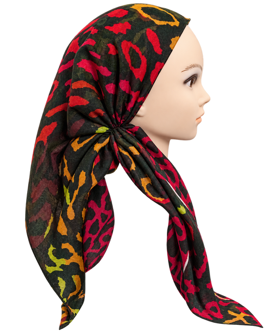 A multicolor leopard print headscarf styled on a mannequin head in profile, showing the side and back of the drape against a plain white background.