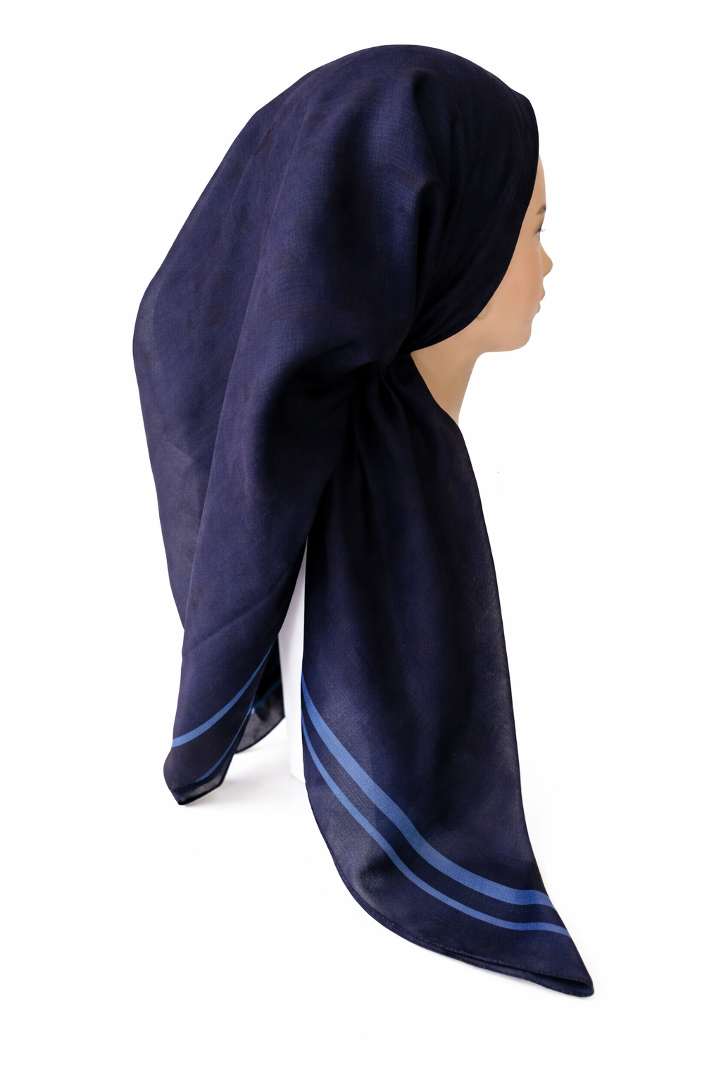 Navy blue pretied tichel with a subtle pattern on a white background