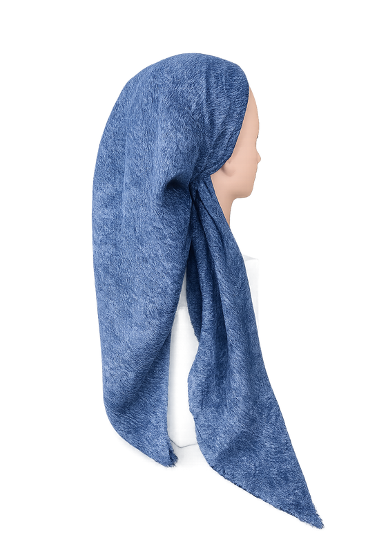 Blue PRETIED TICHEL on a mannequin head against a white background