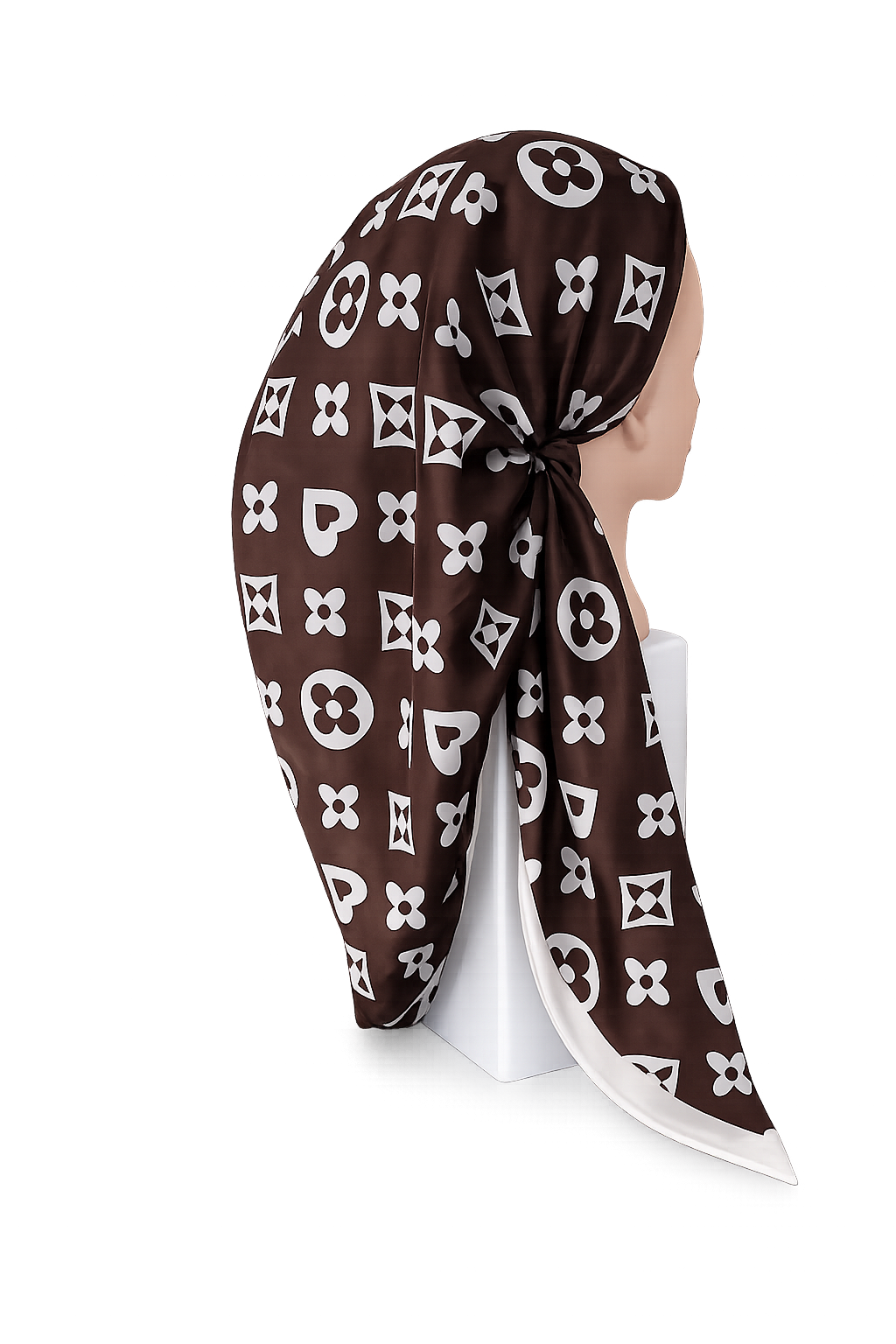 Brown headscarf with white pattern on a white background