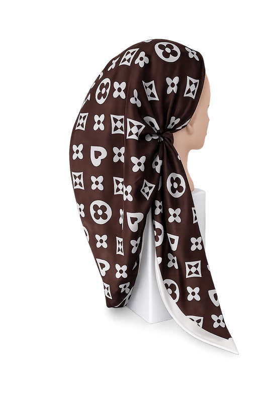 Brown headscarf with white pattern on a white background