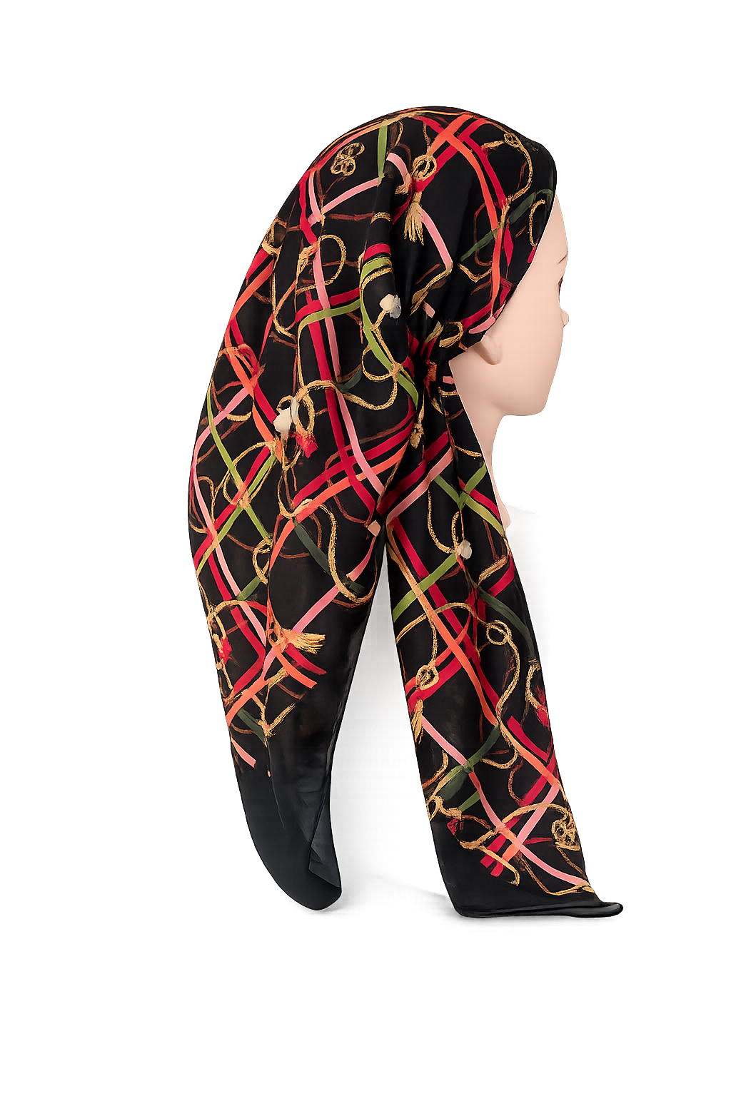 A black POLY-COTTON headscarf with a colorful interlocking chain link pattern in red, gold, and green, styled on a mannequin head against a white background.