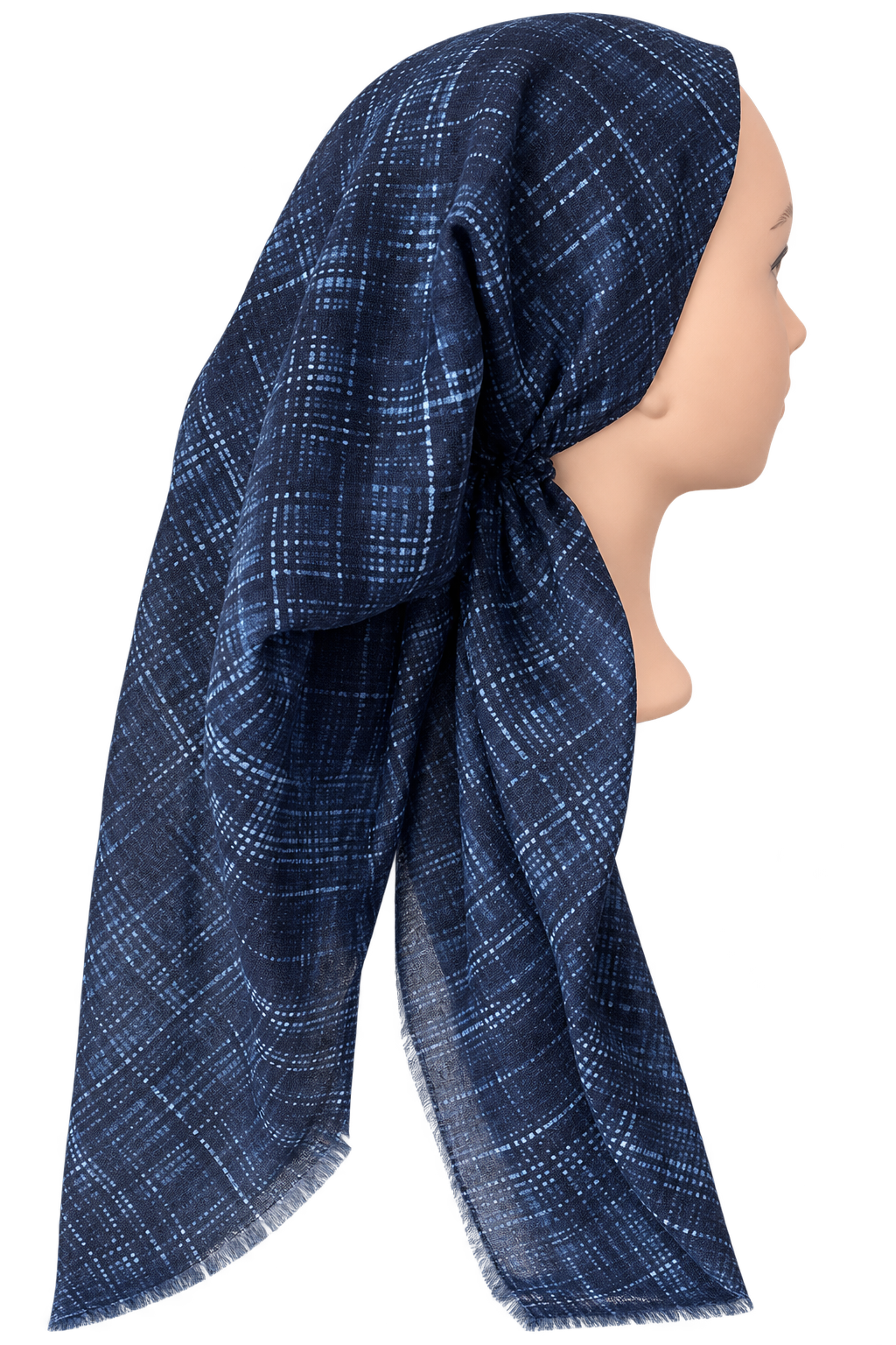 A navy blue headscarf with a white plaid pattern, styled on a mannequin head in profile against a solid white background.