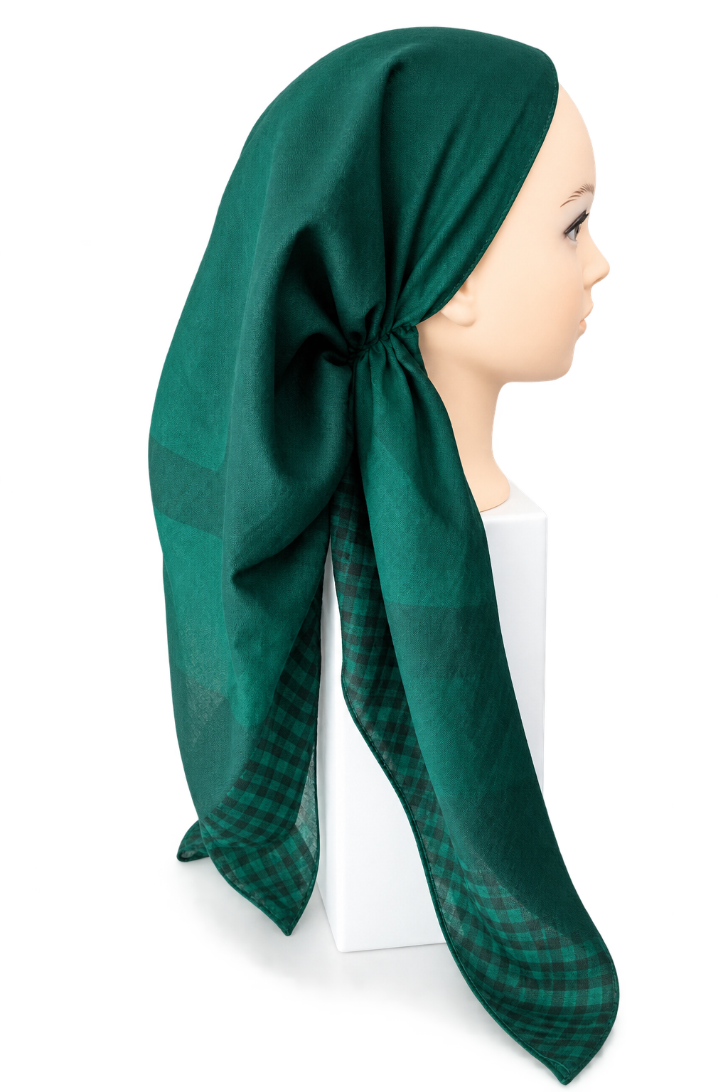A dark green scarf with a plaid pattern, styled on a mannequin head against a white background.