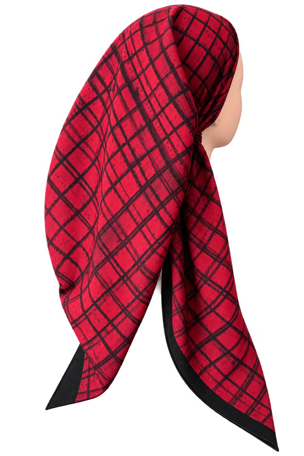 A red and black plaid patterned TICHEL wrapped on a mannequin head, shown from a side profile against a solid white background.
