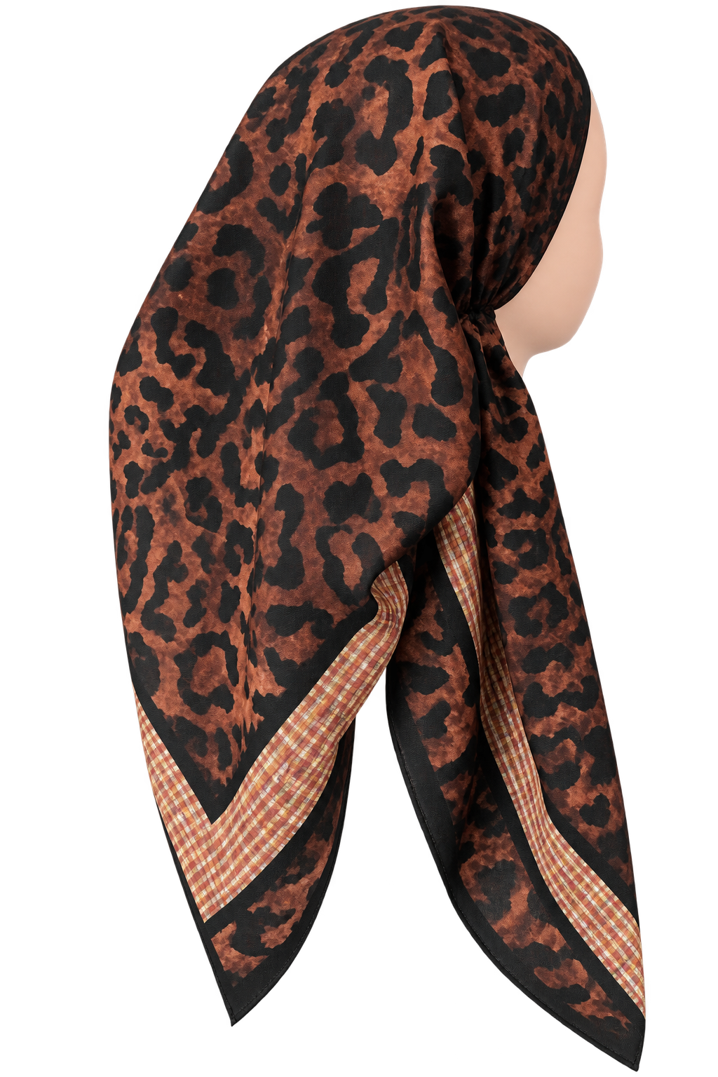A leopard print hijab scarf with brown, black, and beige gingham checkered borders, displayed on a mannequin head against a white background.