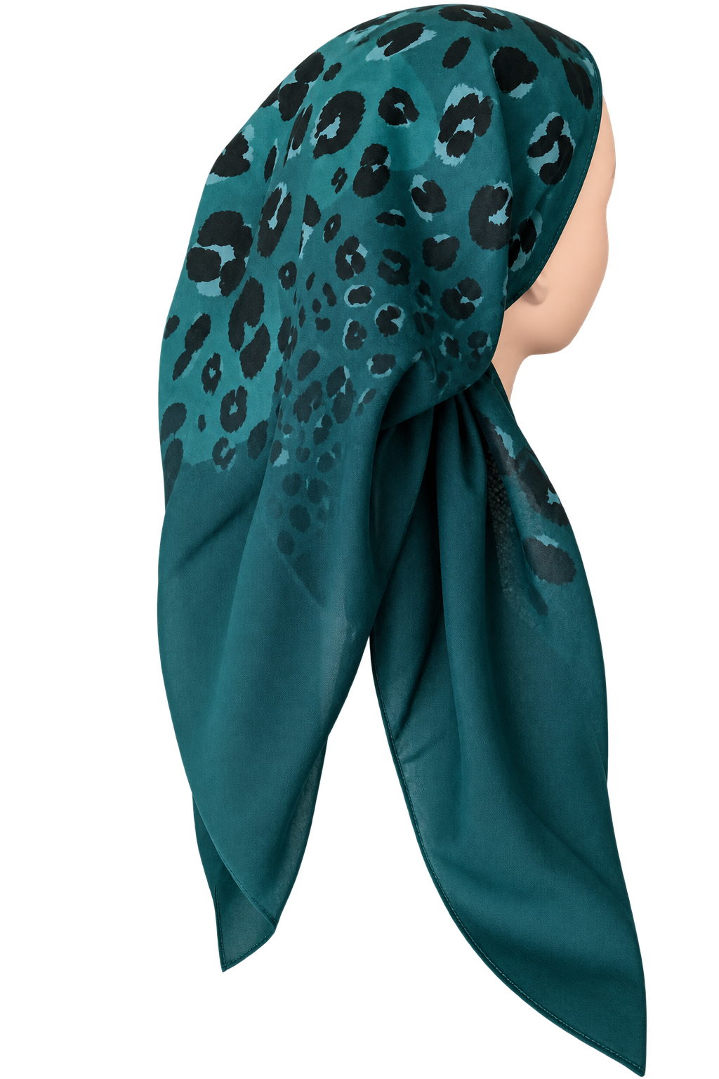 A teal green tichel with a black leopard print pattern, styled on a mannequin head against a plain white background.