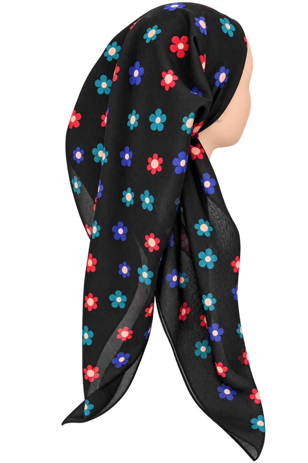 A black pretied tichel with a colorful floral pattern of red, blue, and teal flowers, displayed on a mannequin head against a white background.