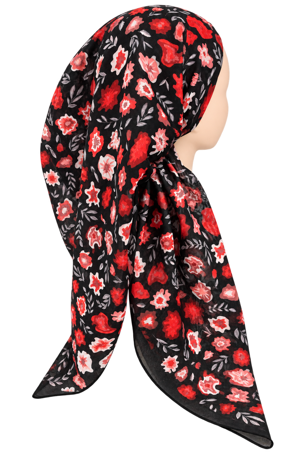 A black headscarf with a vibrant red and pink floral pattern, styled on a mannequin head against a plain white background.