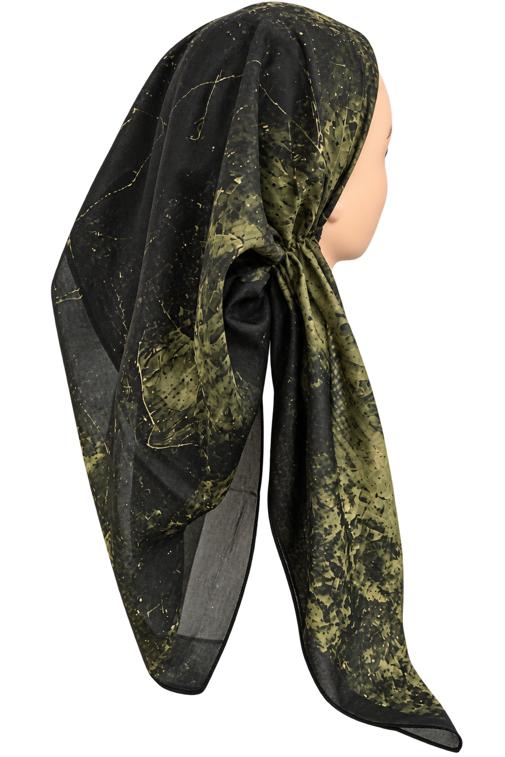 A black sheer mesh TICHEL with an olive green and gold abstract marble pattern, styled on a mannequin head against a plain white background.