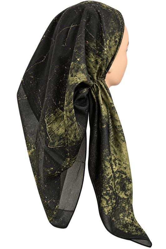 A black sheer mesh TICHEL with an olive green and gold abstract marble pattern, styled on a mannequin head against a plain white background.
