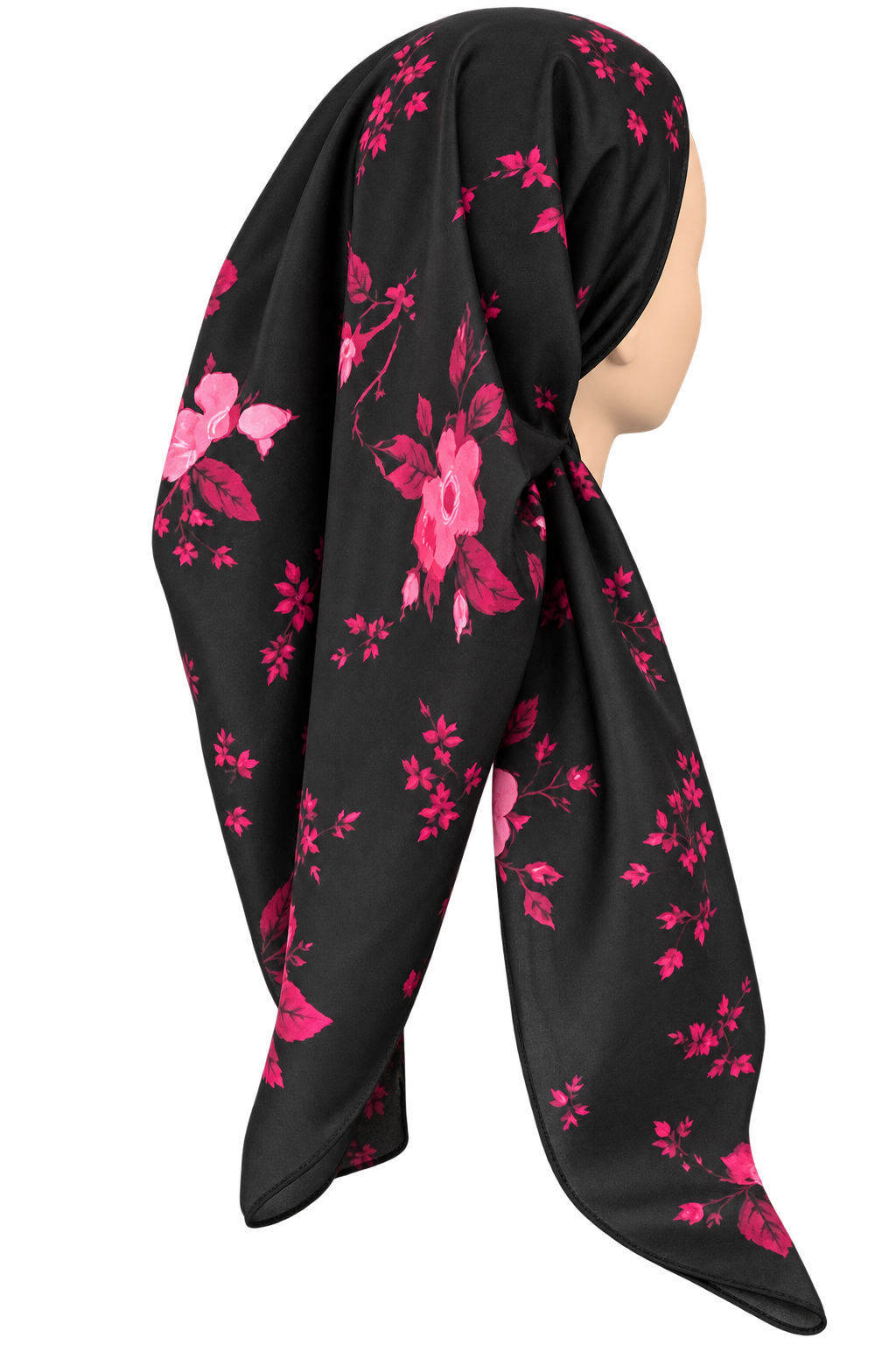 A black tichel with a vibrant pink floral pattern, draped on a mannequin head against a plain white background.