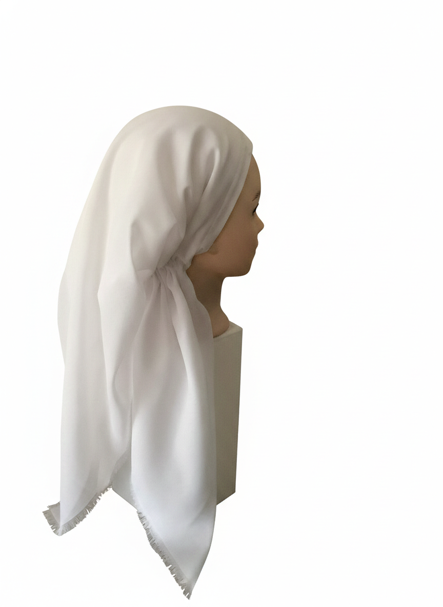 White pretied tichel on a mannequin head against a white background