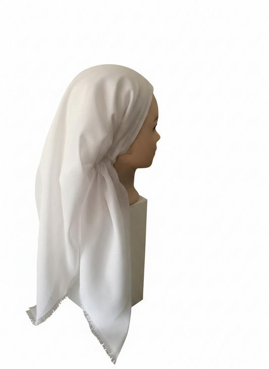 White pretied tichel on a mannequin head against a white background