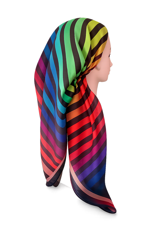 Mannequin head wearing a colorful striped headscarf on a white background