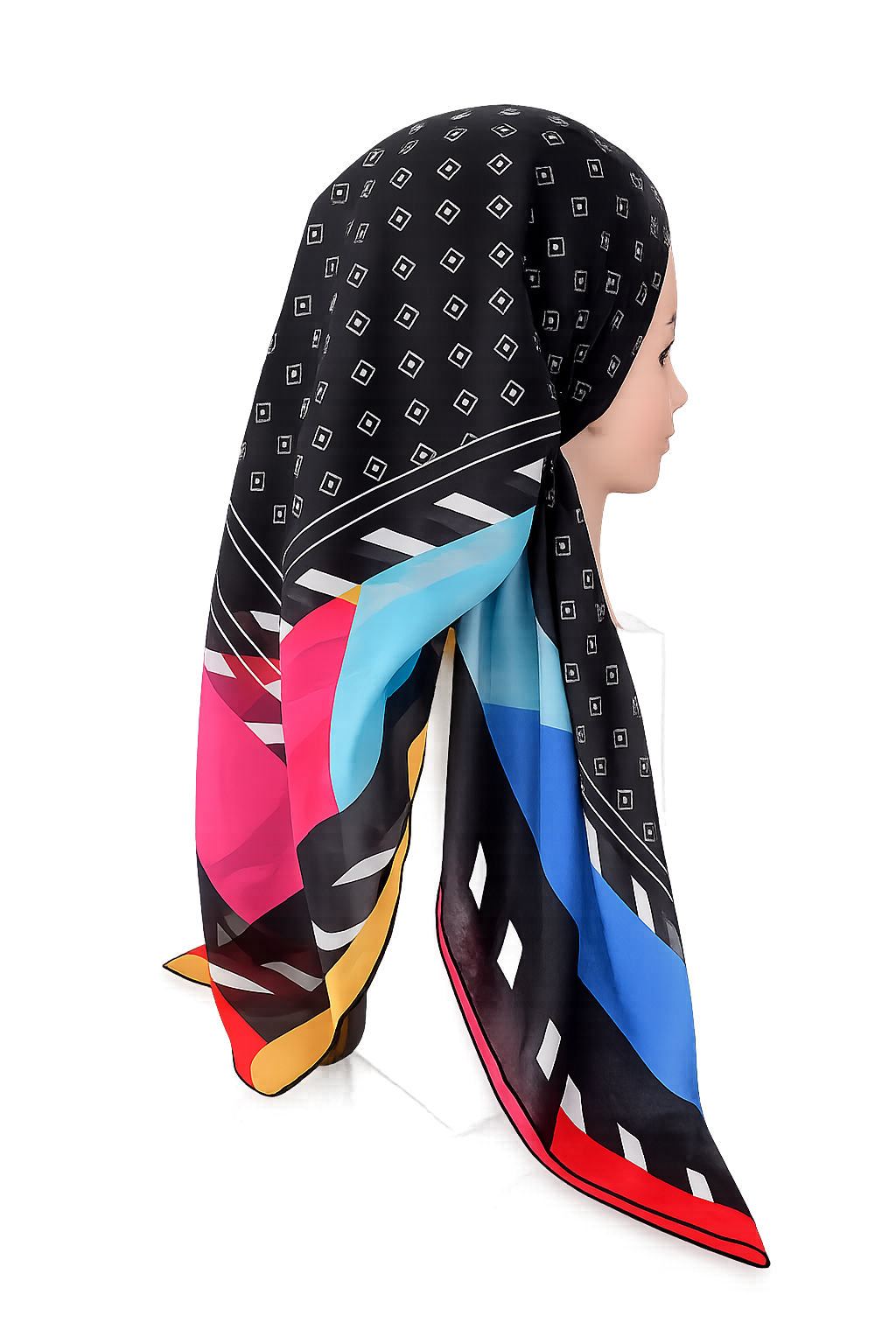 Colorful PRETIED TICHEL with geometric pattern on a white background