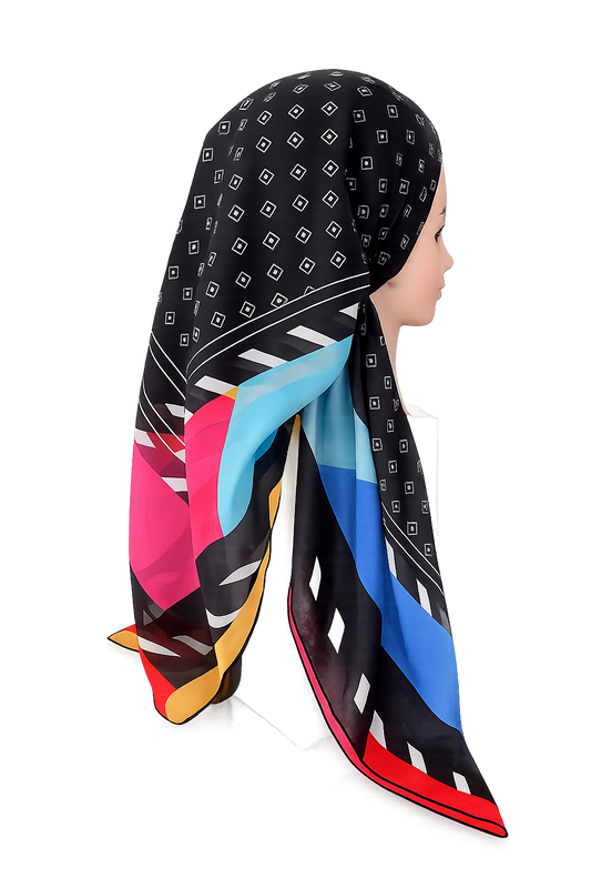 Colorful PRETIED TICHEL with geometric pattern on a white background