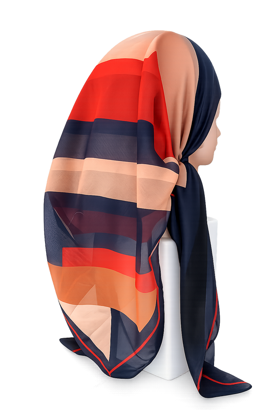 Mannequin wearing a colorful striped TICHEL on a white background